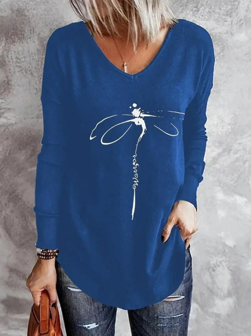 Women's T-Shirts V-Neck Dragonfly Print Long Sleeve T-Shirt（⚡Clearance Sale）