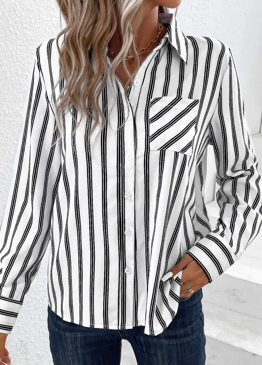 White Pocket Striped Long Sleeve Shirt Collar Blouse