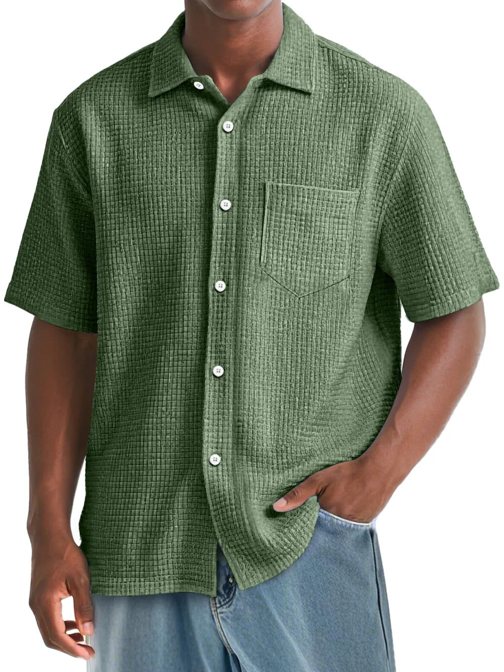 Men's Daily Waffle Texture Casual Pocket Comfort Short Sleeve Shirt
