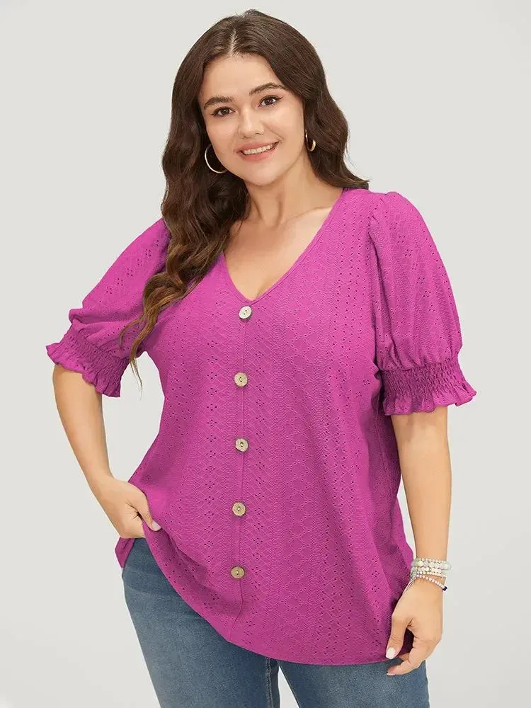 Plain Broderie Anglaise Shirred Puff Sleeve Button Detail T-shirt