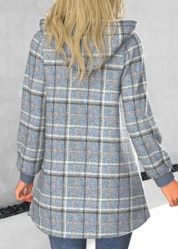 Dusty Blue Zipper Plaid Long Sleeve Hooded Coat