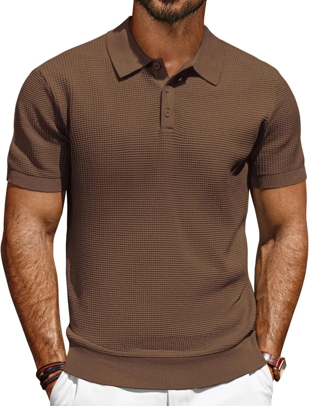 Knit Polo Shirts for Men Casual Short Sleeve Waffle Texture Polo Golf Shirt