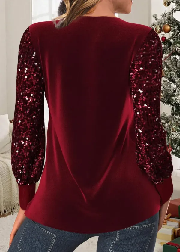 Wine Red Velvet Long Sleeve V Neck T Shirt