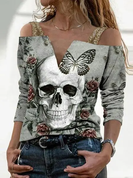 Women's T-Shirts V-Neck Skull Print Suspender Long Sleeve T-Shirt（⚡Clearance Sale）