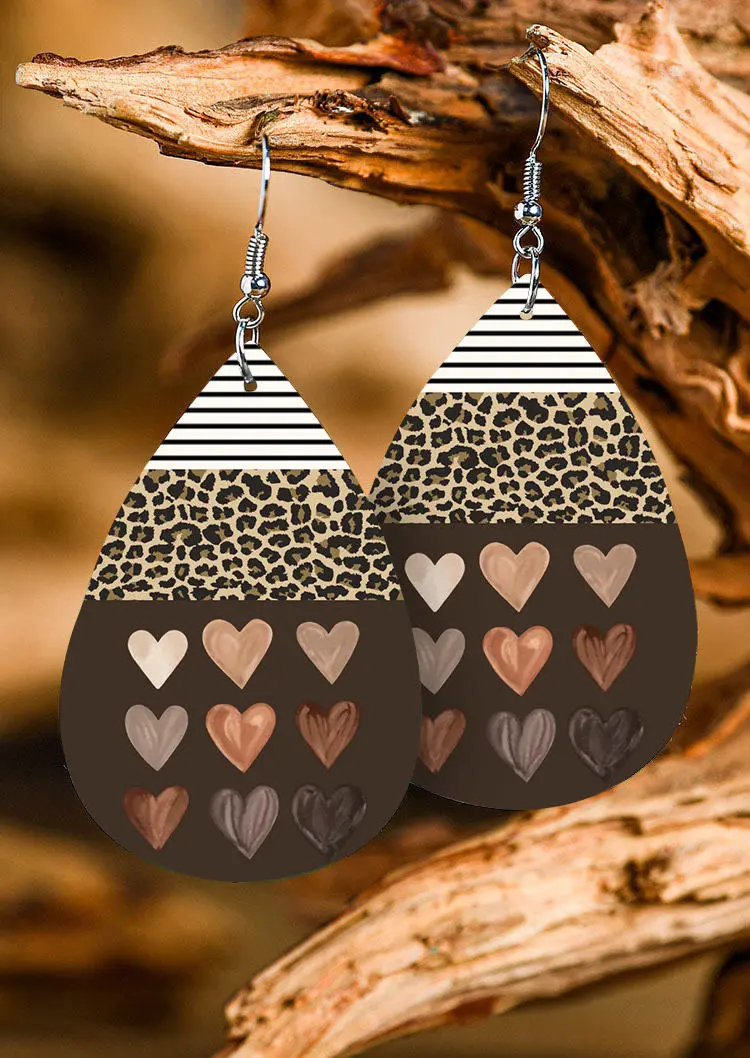 Leopard Striped Heart Water Drop Earrings