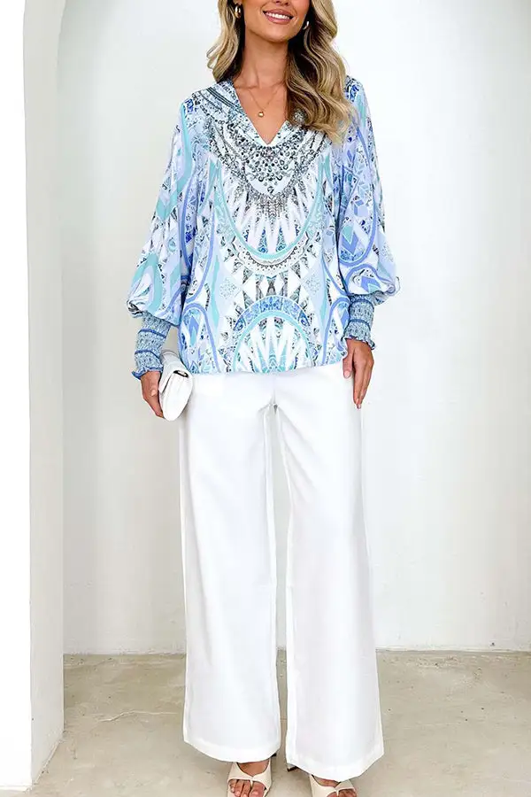 V-neck fashionable lantern sleeve casual shirt