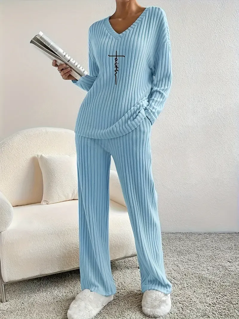 Women's Faith-Inspired Ribbed Two-Piece Set - V Neck Long Sleeve Top & Comfy Pants - Chic Spring & Fall Casual Outfits