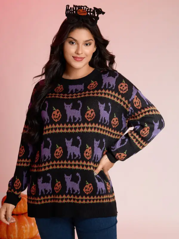 Cat Halloween Print Cozy Pullover