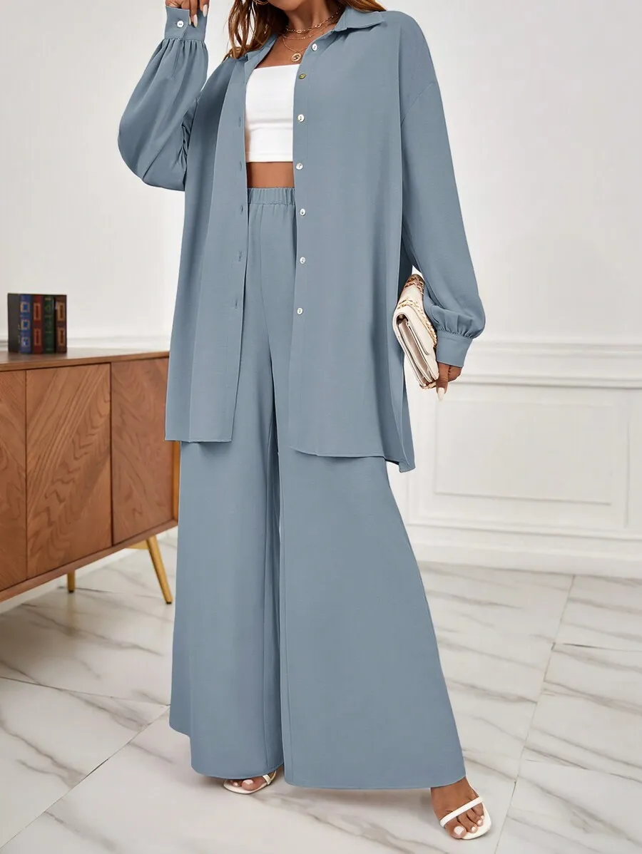 1pc Solid Button Front Shirt & 1pc Wide Leg Pants