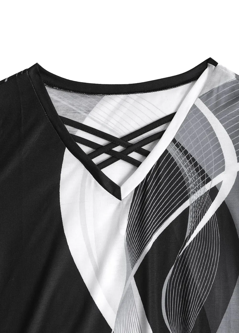 Black Criss Cross Geometric Print Short Sleeve T Shirt