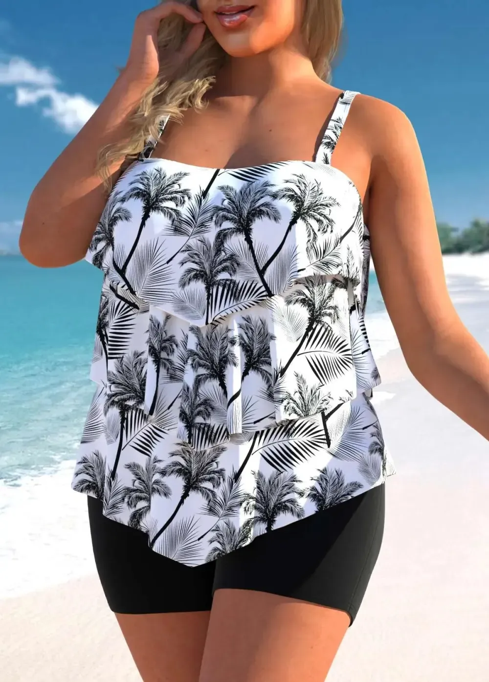 Marine Life Print Plus Size Layered Hem Tankini Set