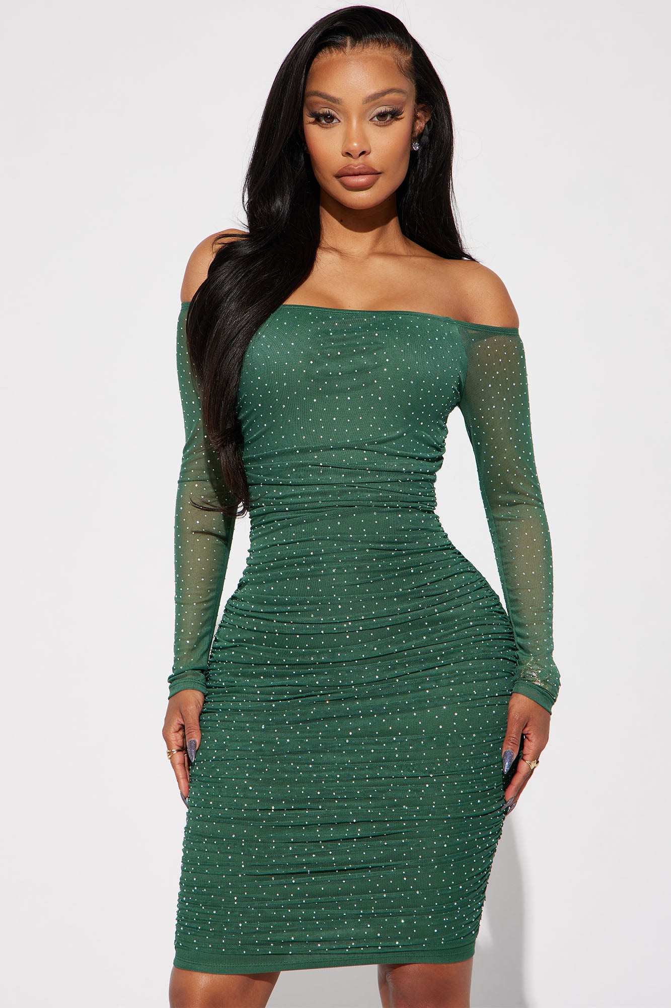 Amber Off Shoulder Midi Dress - Hunter