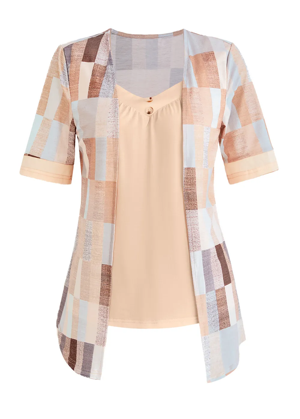 Beige Patchwork Geometric Print Half Sleeve Blouse