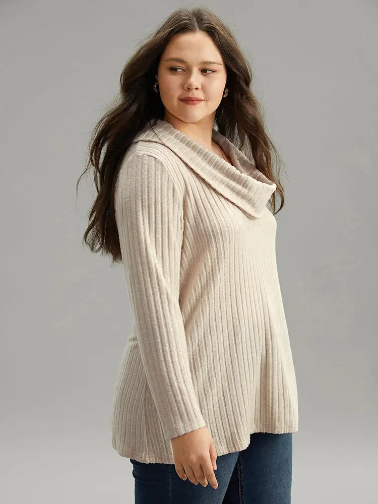 Plain Rib Knit Cowl Neck T-Shirt