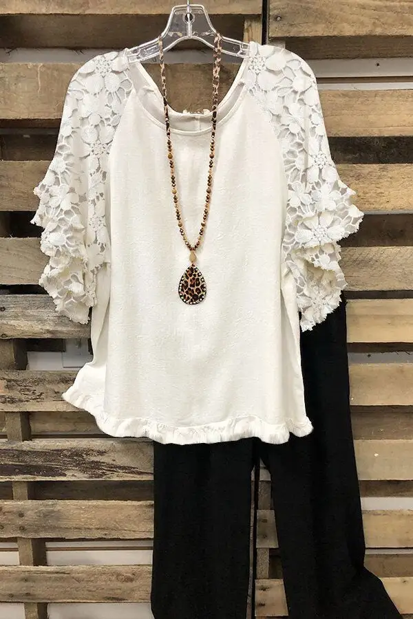 Solid Floral Pattern Lace Sleeve T-Shirt