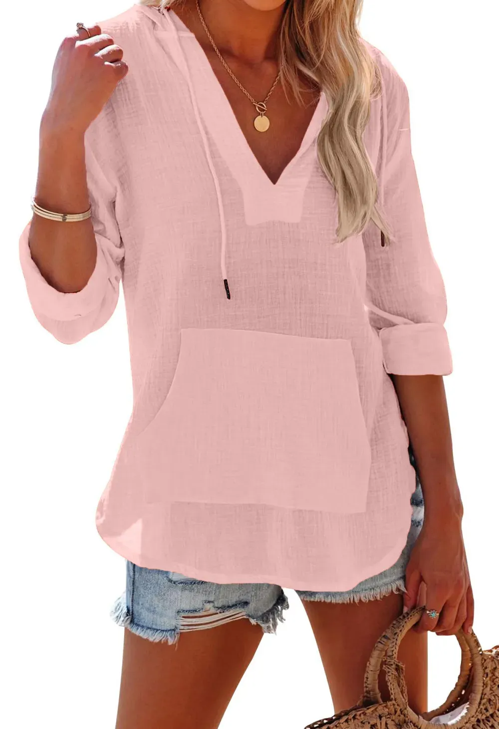 ✨Women's Long Sleeve V Neck Pocketed Hooded Shirt Top