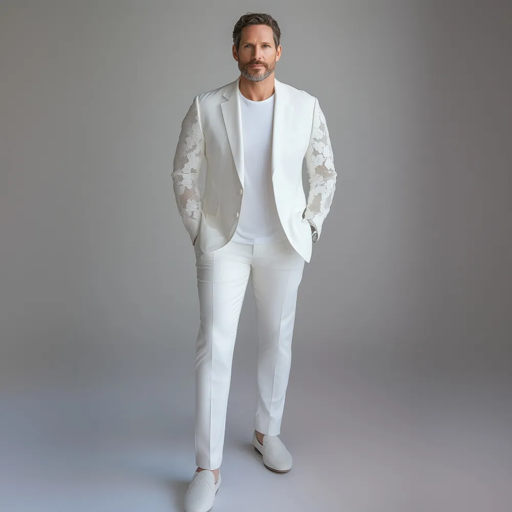 Men's See-Through Lace Long Sleeve Notch Lapel Two Button Blazer