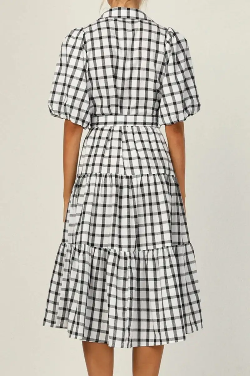 Fashion Casual Plaid Split Joint Turndown Collar A Line Dresses