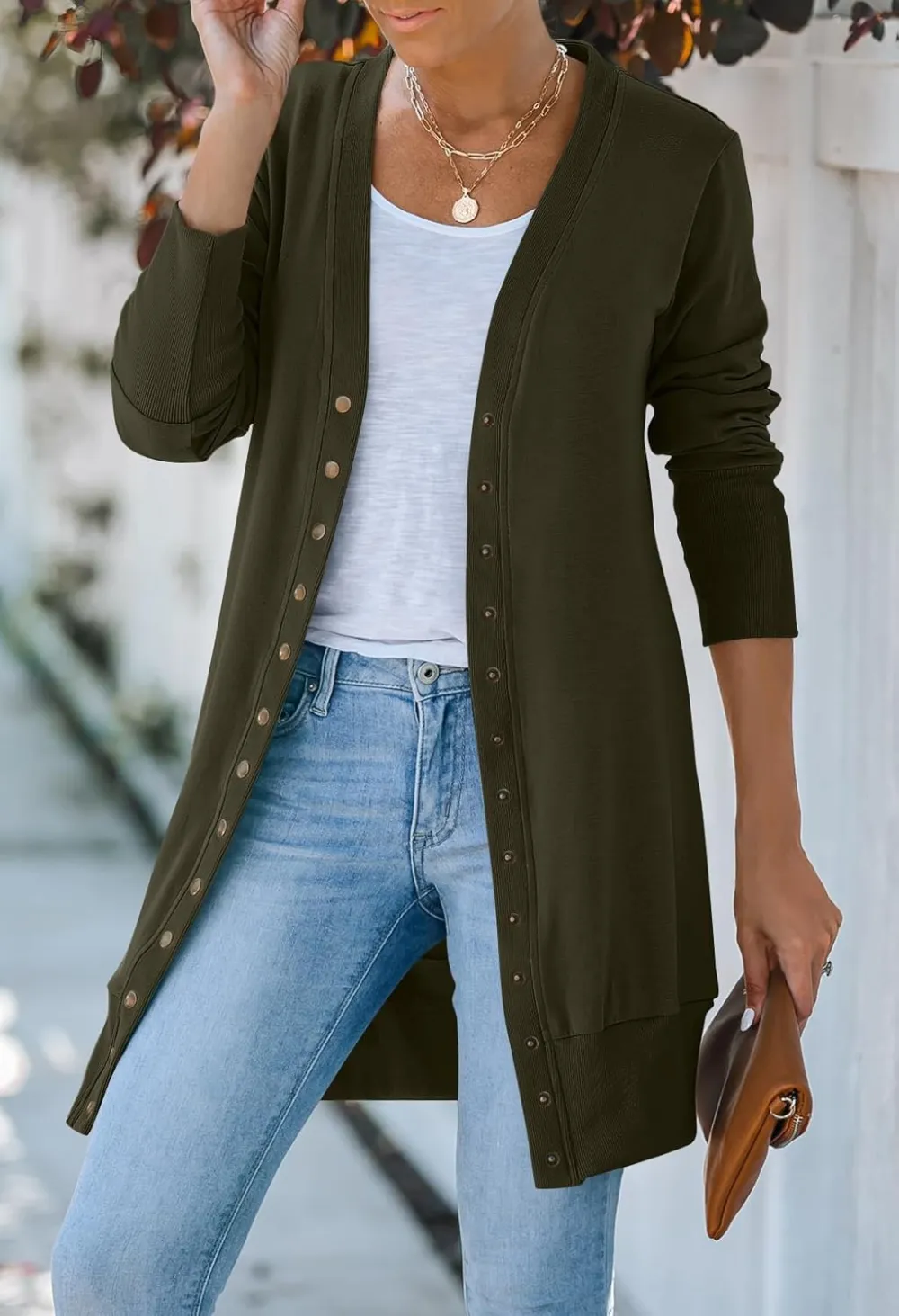 Women's 2024 Fall Long Sleeve Snap Button Down Solid Color Knit Ribbed Neckline Cardigans