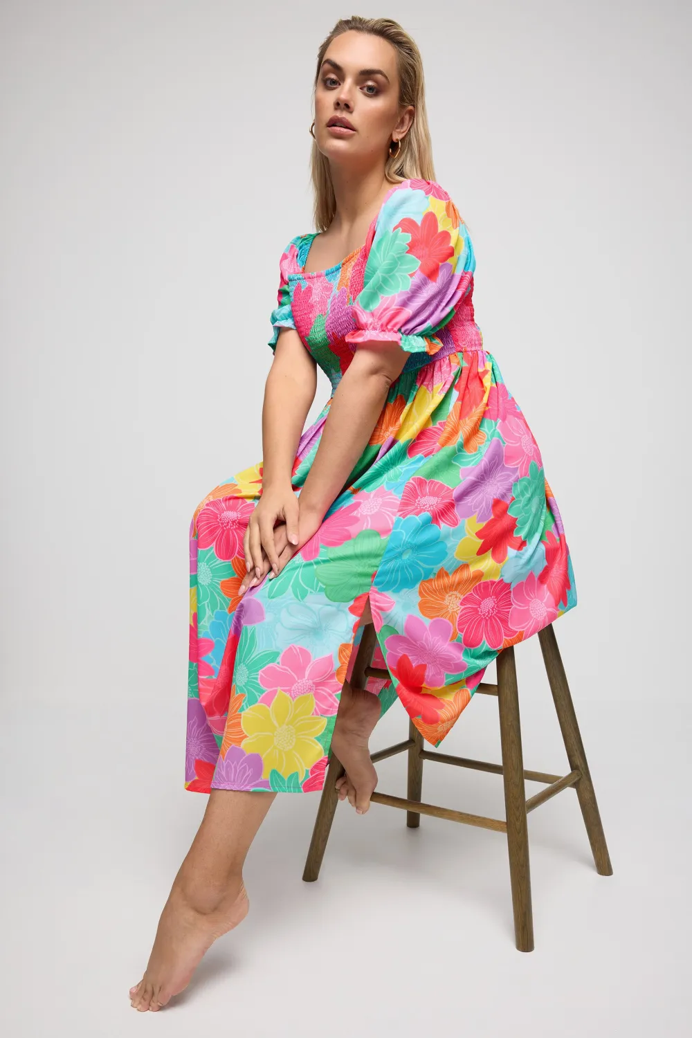 YOURS Curve Black Floral Print Shirred Midi Dress