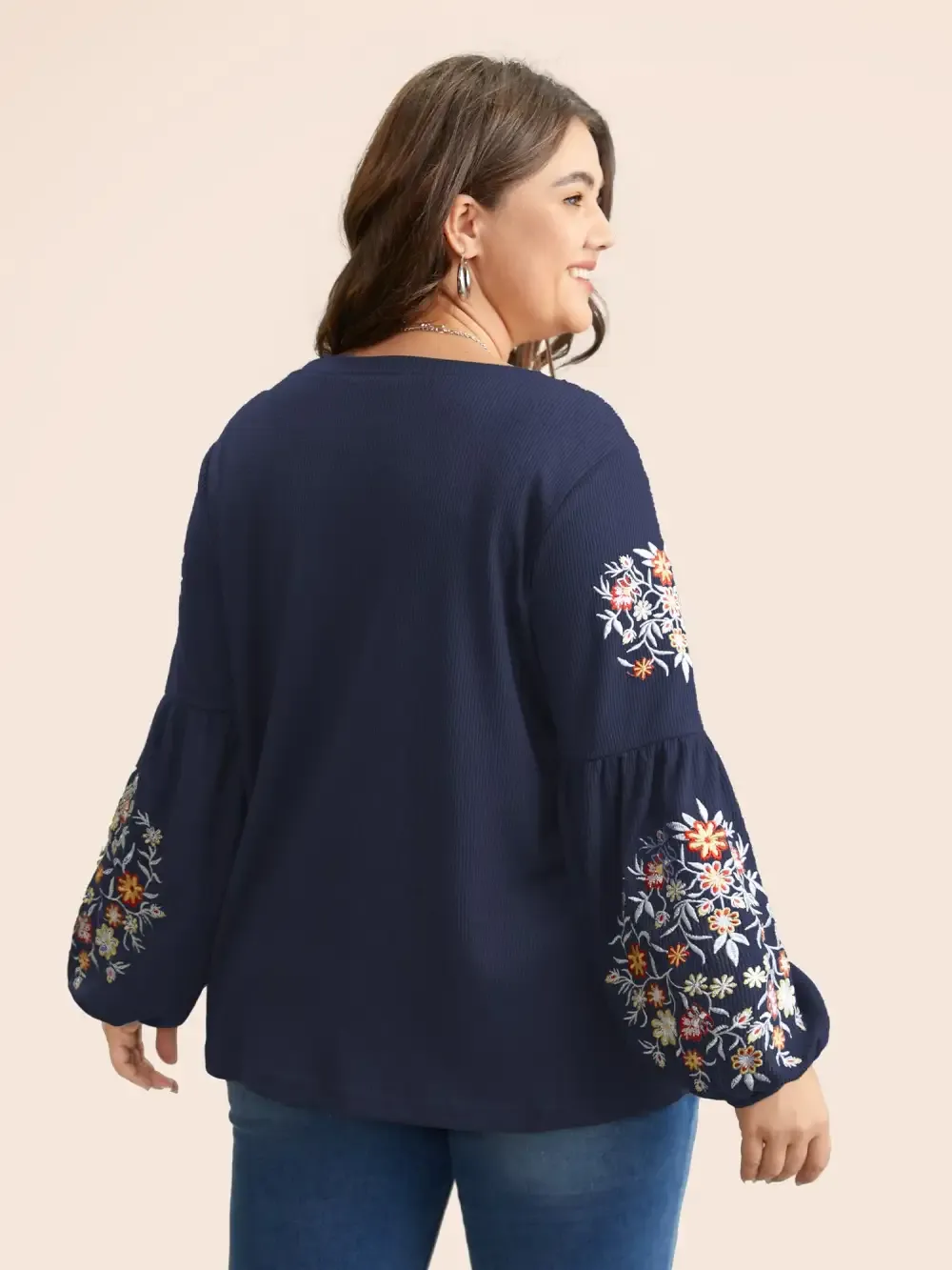Waffle Knit Floral Embroidered Lantern Sleeve T-Shirt