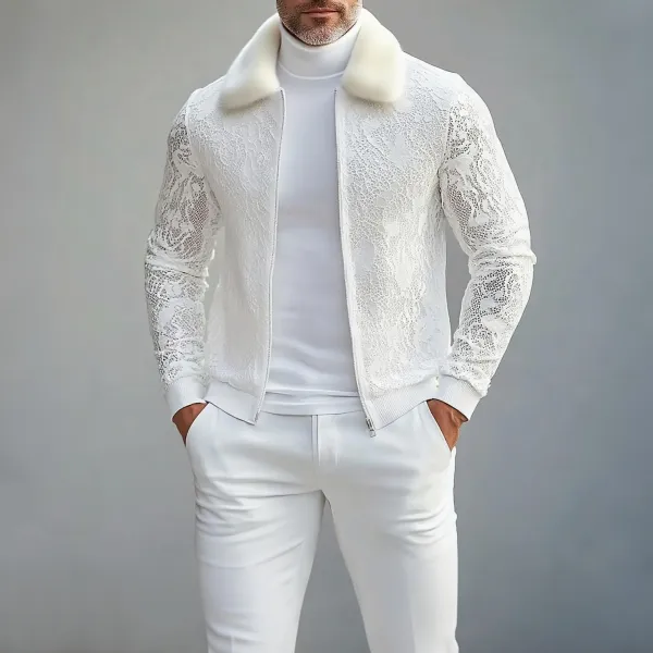 Men's Furry Turndown Collar Lace Long Sleeve Zip Up Jacket