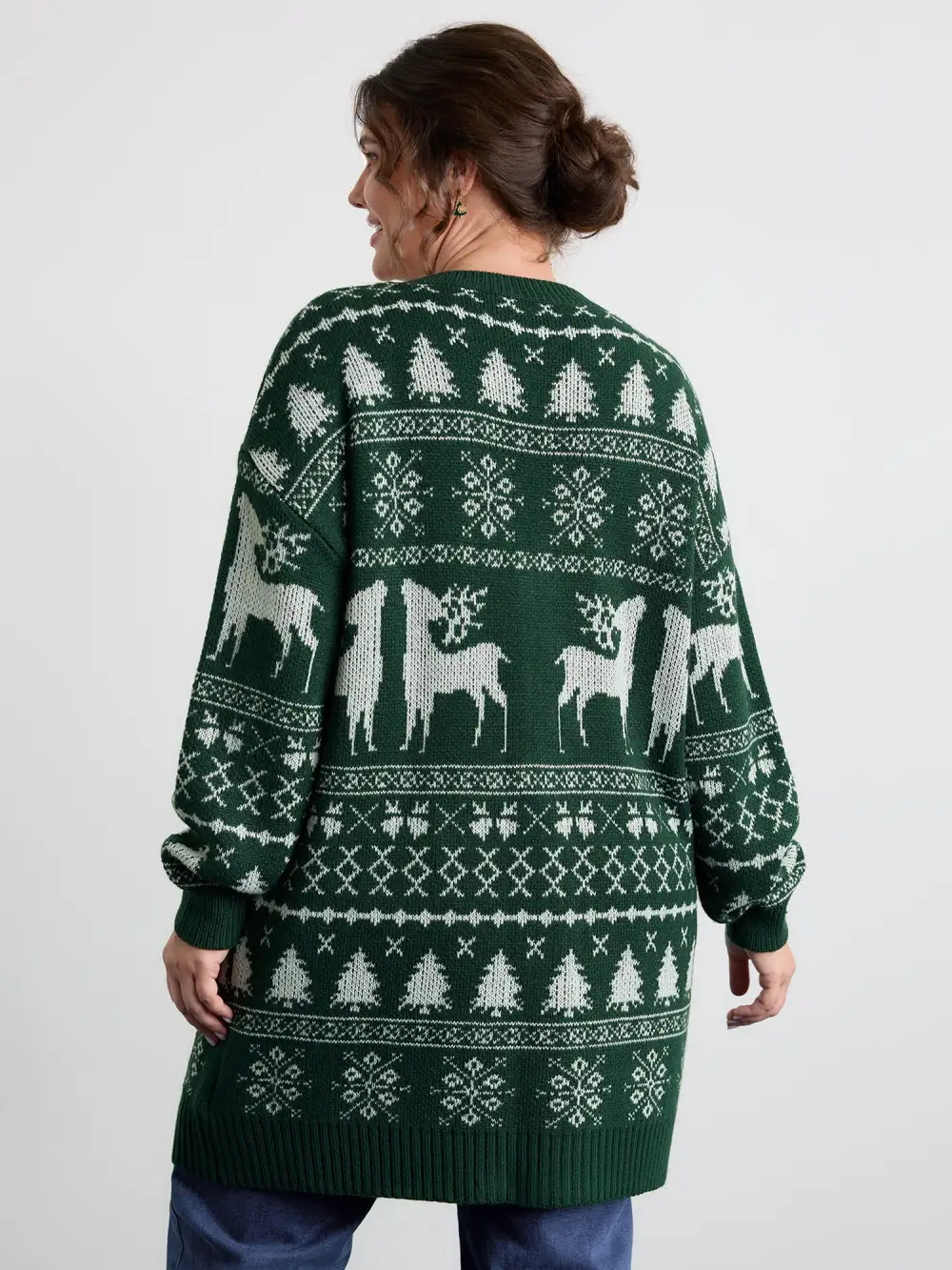 Elk Christmas Print Jacquard Open-Front Knit Cardigan