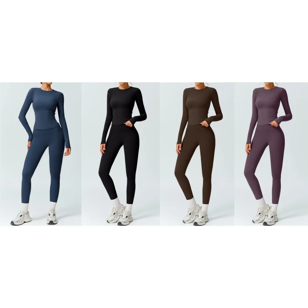 Women's Solid Color Tracksuit Set- Long Sleeve Tee & Leggings