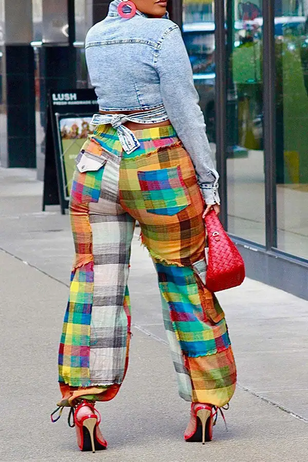 Colorful Checked Multi-Pocket Ankle-Tied Pants