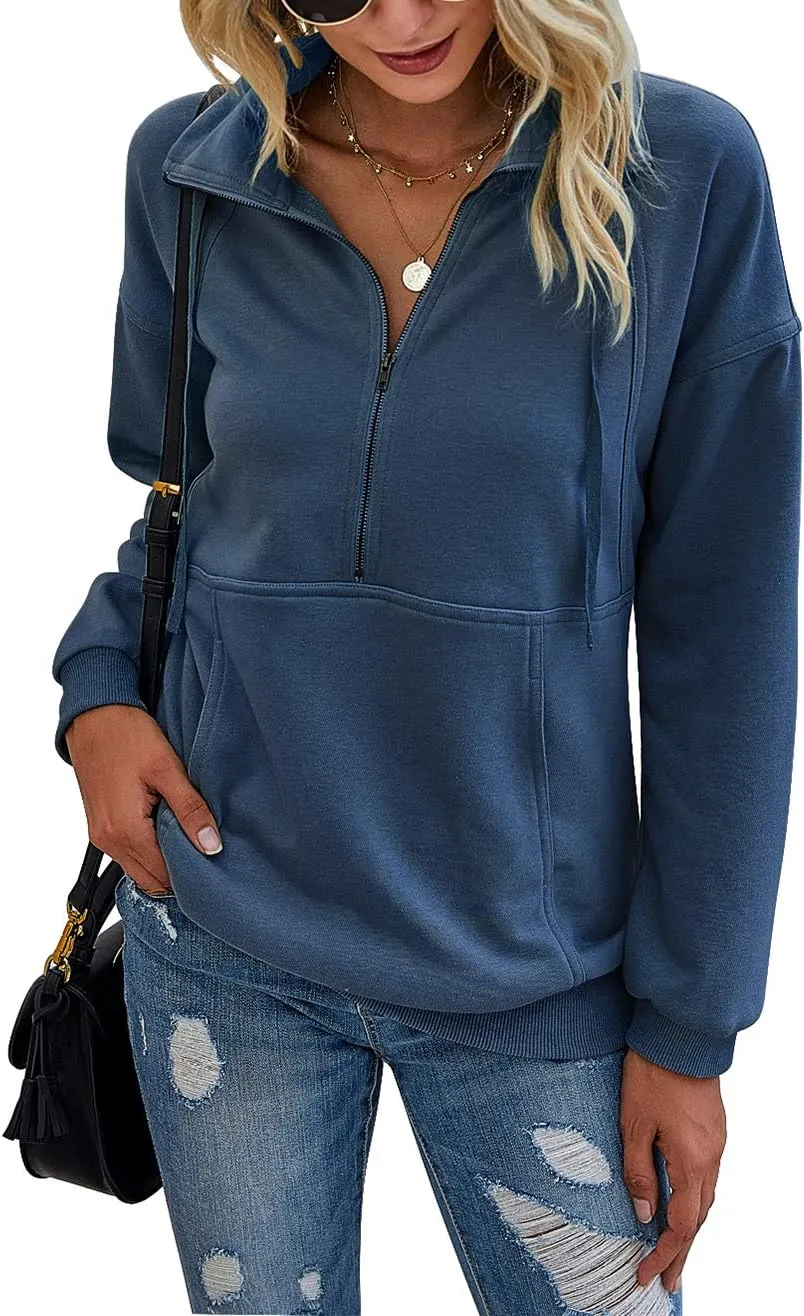 Women's Casual Long Sleeve Lapel Zipper Sweatshirt Drawstring Loose Pullover Tops
