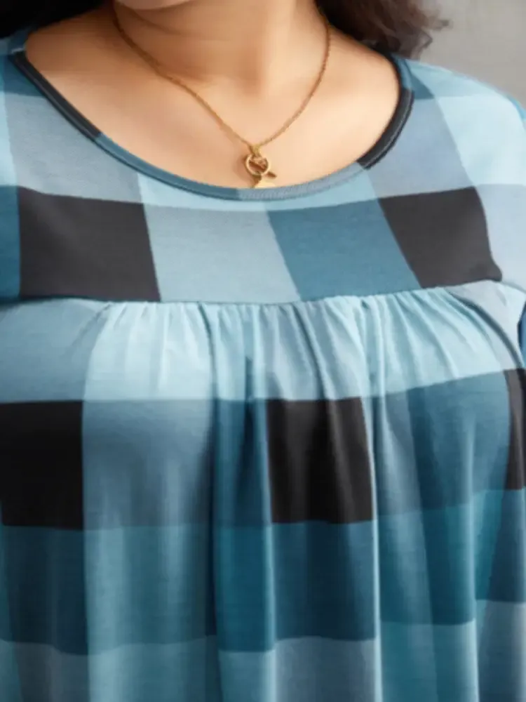 Plaid Round Neck Gathered T-Shirt