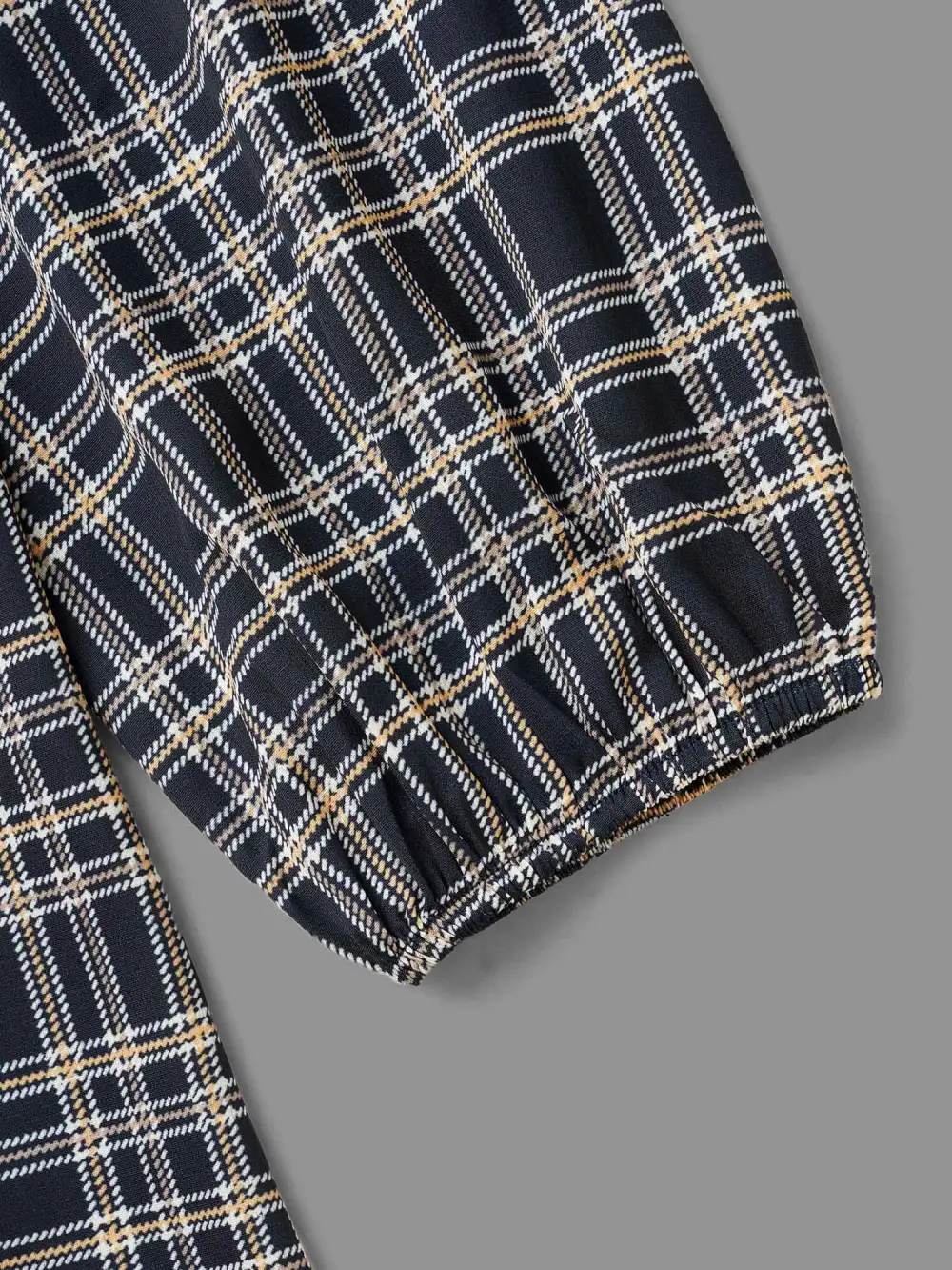 Plaid Zipper Front Lantern Sleeve Blouse
