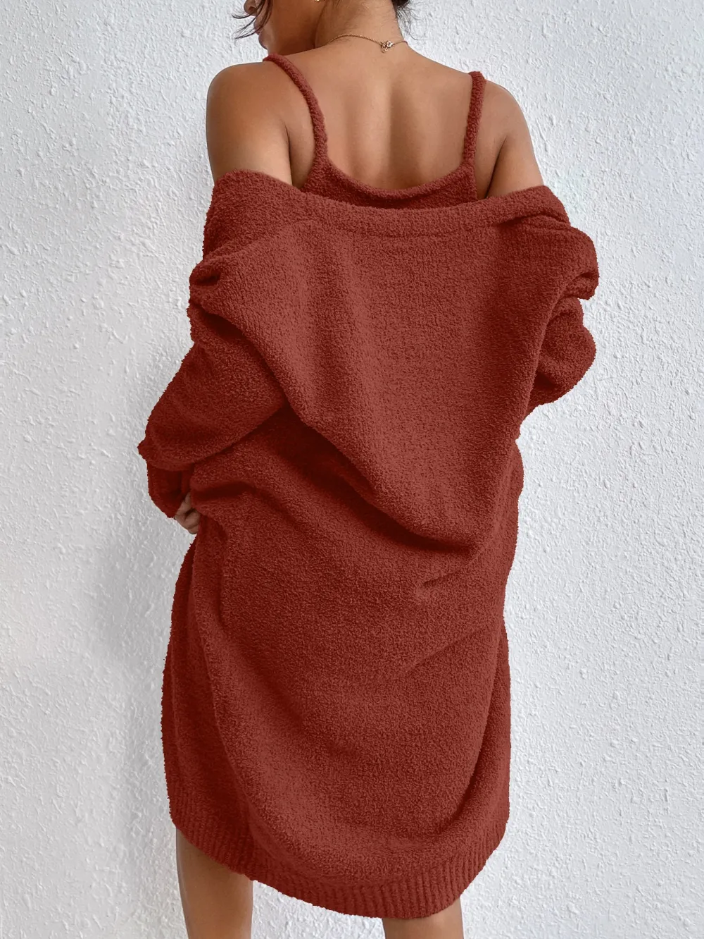 Solid Cami Sweater Dress & Drop Shoulder Cardigan