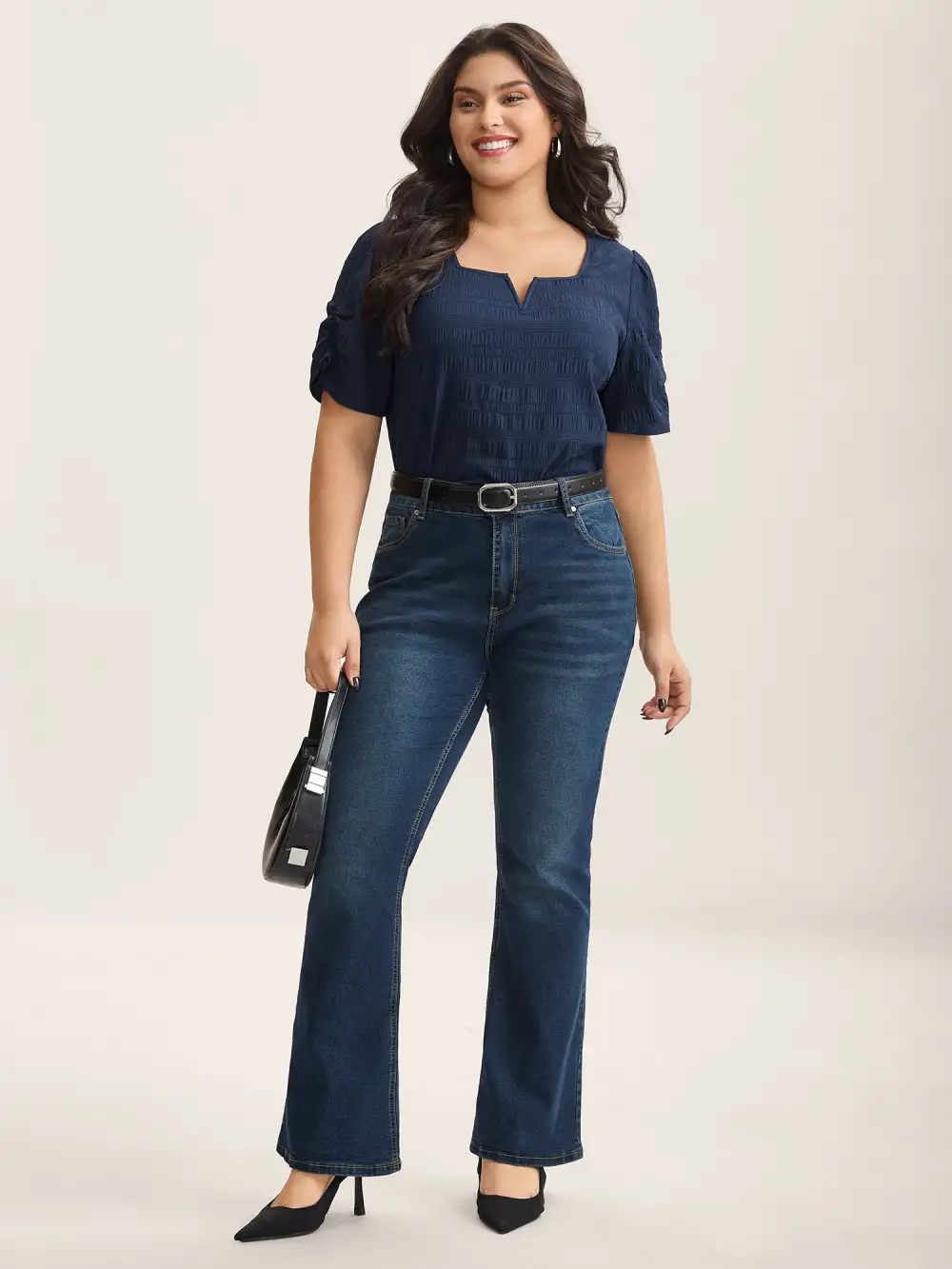 Textured Gathered Sleeve Split Neck Blouse