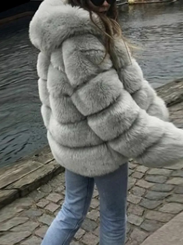 Women's Faux Fur Coat Regular Oversized Coat Sapphire Black Wine Dark Green khaki Party Party Fall Hoodie Regular Fit S M L XL XXL 3XL / Daily