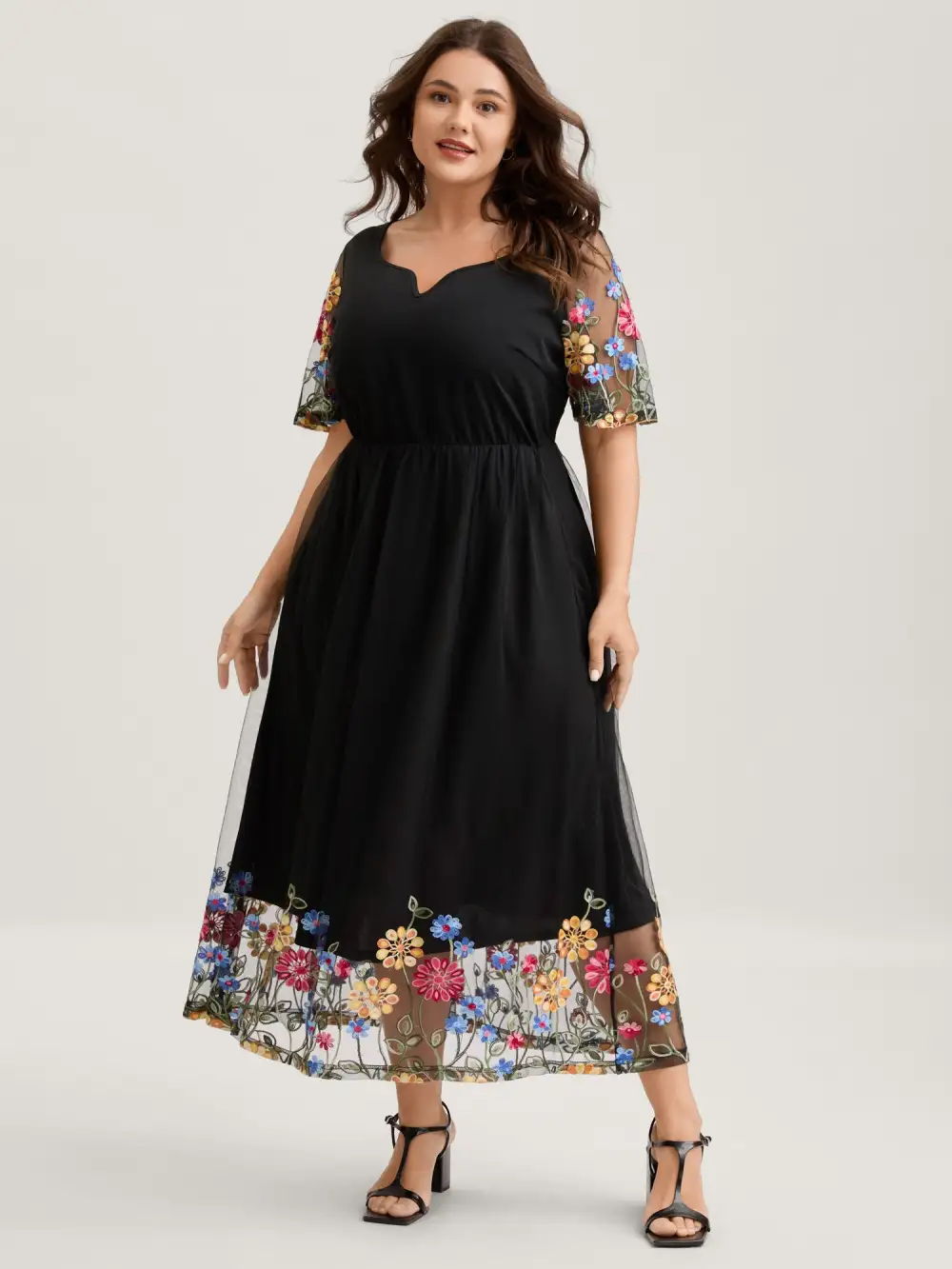 Colorful Floral Sheer Sleeve Cinched Midi Dress