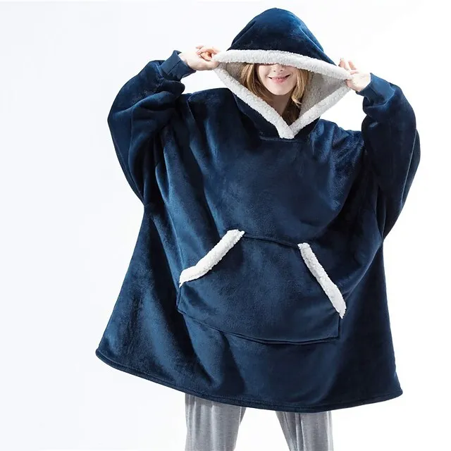 Women's Christmas Couple‘s Pajamas Nightgown Hoodie Blanket Wearable Blanket Grid / Plaid Pure Color Plush Simple Comfort Xmas Home Party Fleece Warm Gift Patchwork Pocket Fall Winter Black Gray