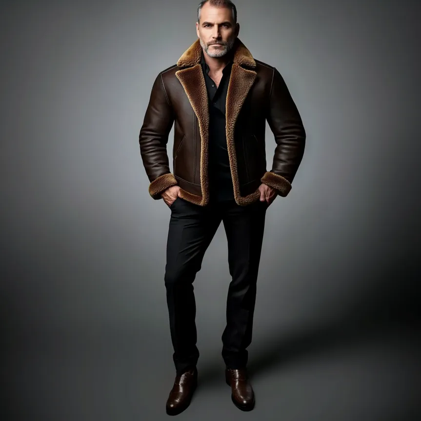 Men's Retro Lapel Long Sleeve PU Leather Fuzzy Coat