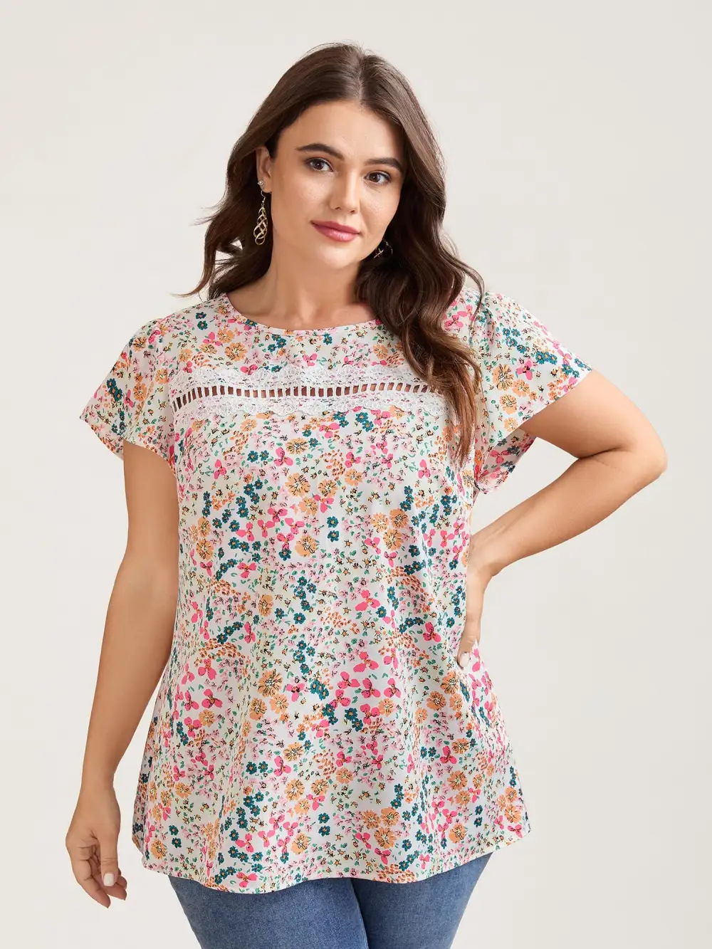Multi-Color Floral Print Lace Spliced Blouse