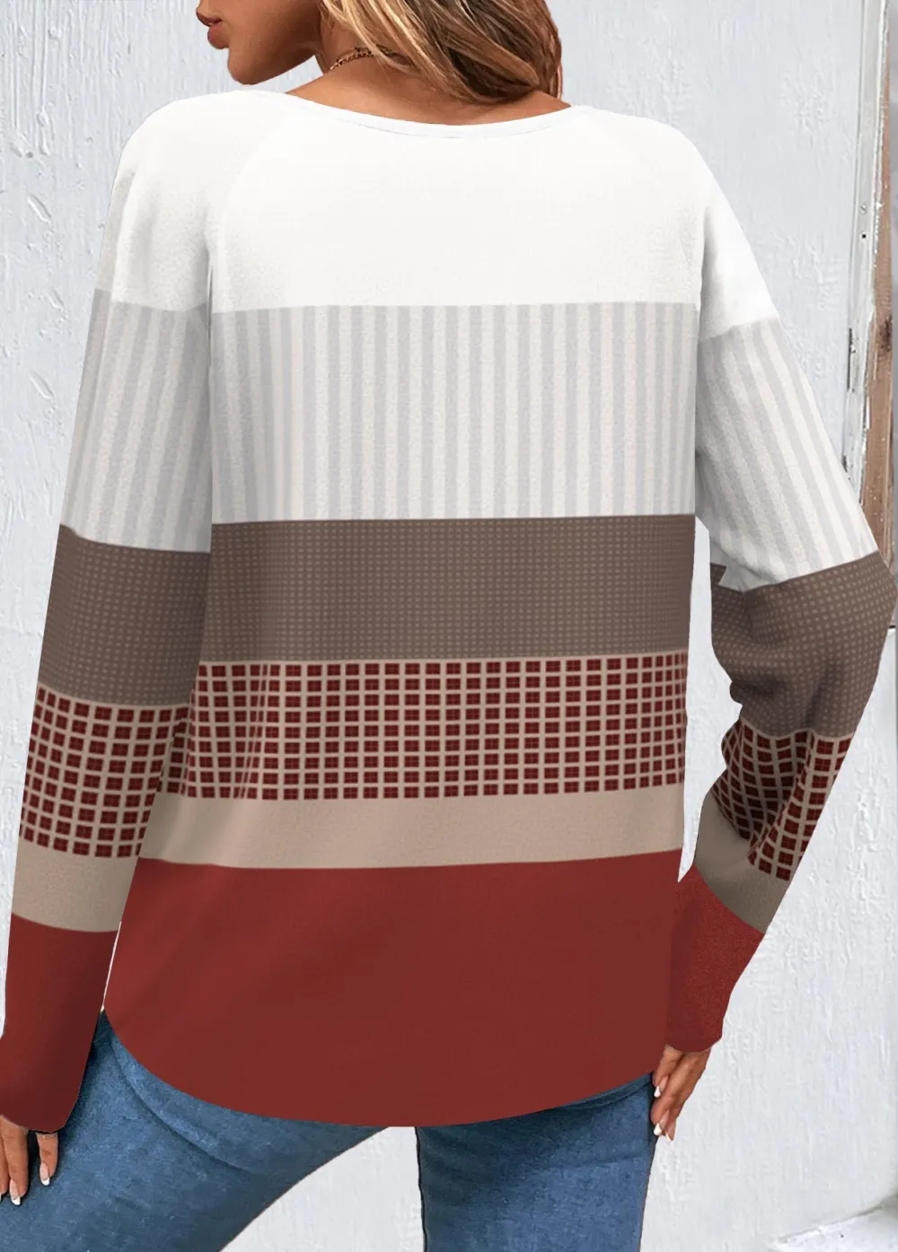 Wine Red Patchwork Geometric Print Long Sleeve Sweatshirt