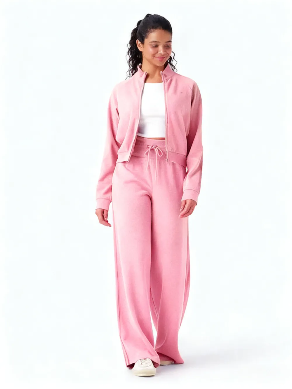 Stand-up collar jacket + wide-leg pants