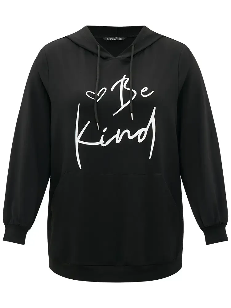 Letter Print Pocket Drawstring Hooded Sweatshirt