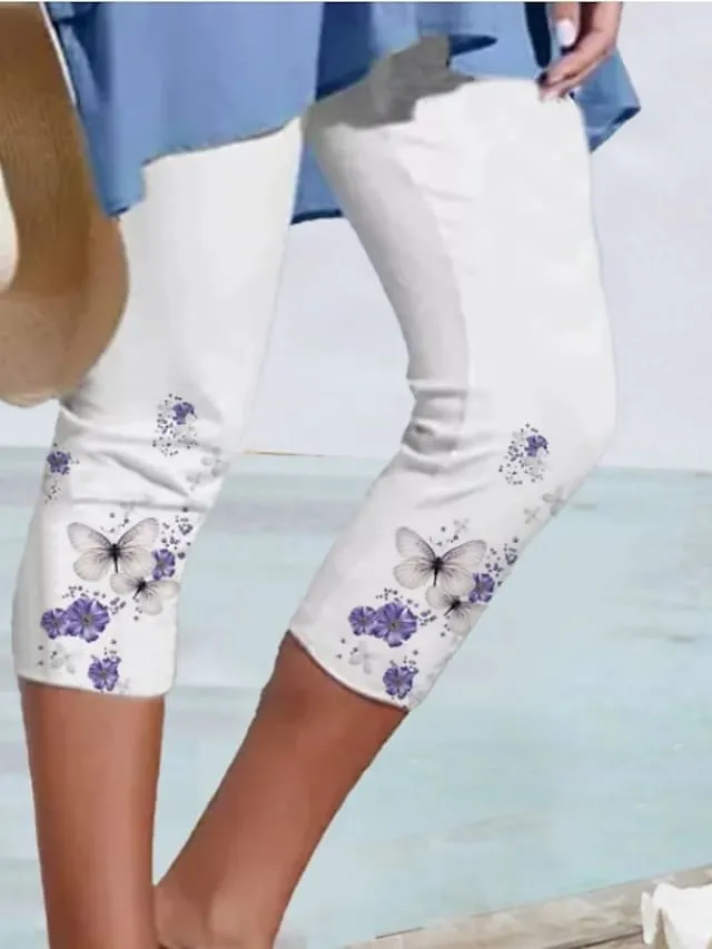 Women's Pants Trousers Leggings Capri shorts Green Purple Red Mid Waist Fashion Leisure Sports Weekend Print Stretchy Calf-Length Comfort Flower / Floral S M L XL XXL / Slim