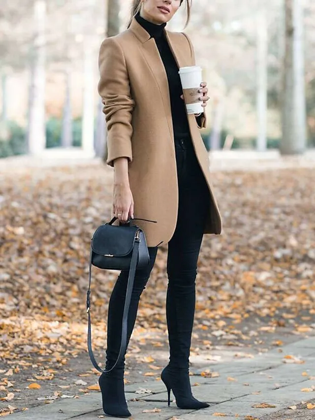 Women's Pea Coat Winter Coat Open Front Stand Collar Trench Coat Fall Warm Windproof Overcoat Christmas Jacket caramel colour