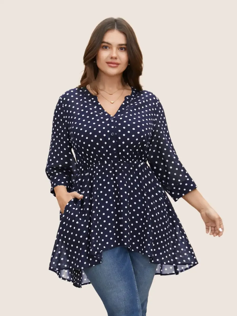 Chiffon Polka Dot Button Detail Blouse