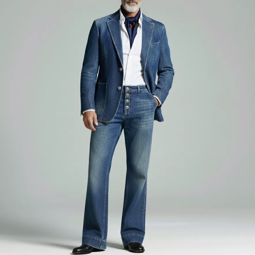 Men's Retro Blue Denim Notched Lapel Two Button Blazer & Flare Jeans 2Pcs Set