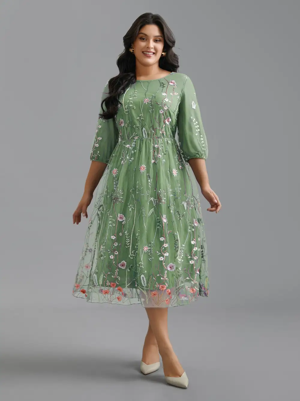 Floral Embroidered Elastic Waist Lined Midi Dress