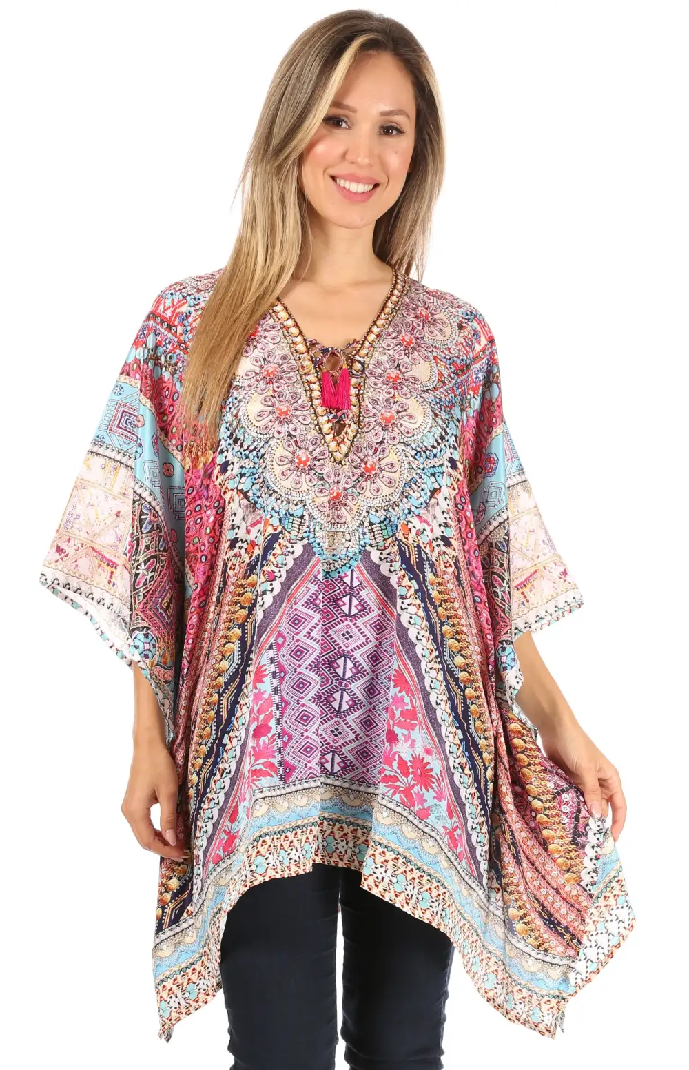 Women's Caftan Poncho Cover up V neck Top Lace up With Rhinestone