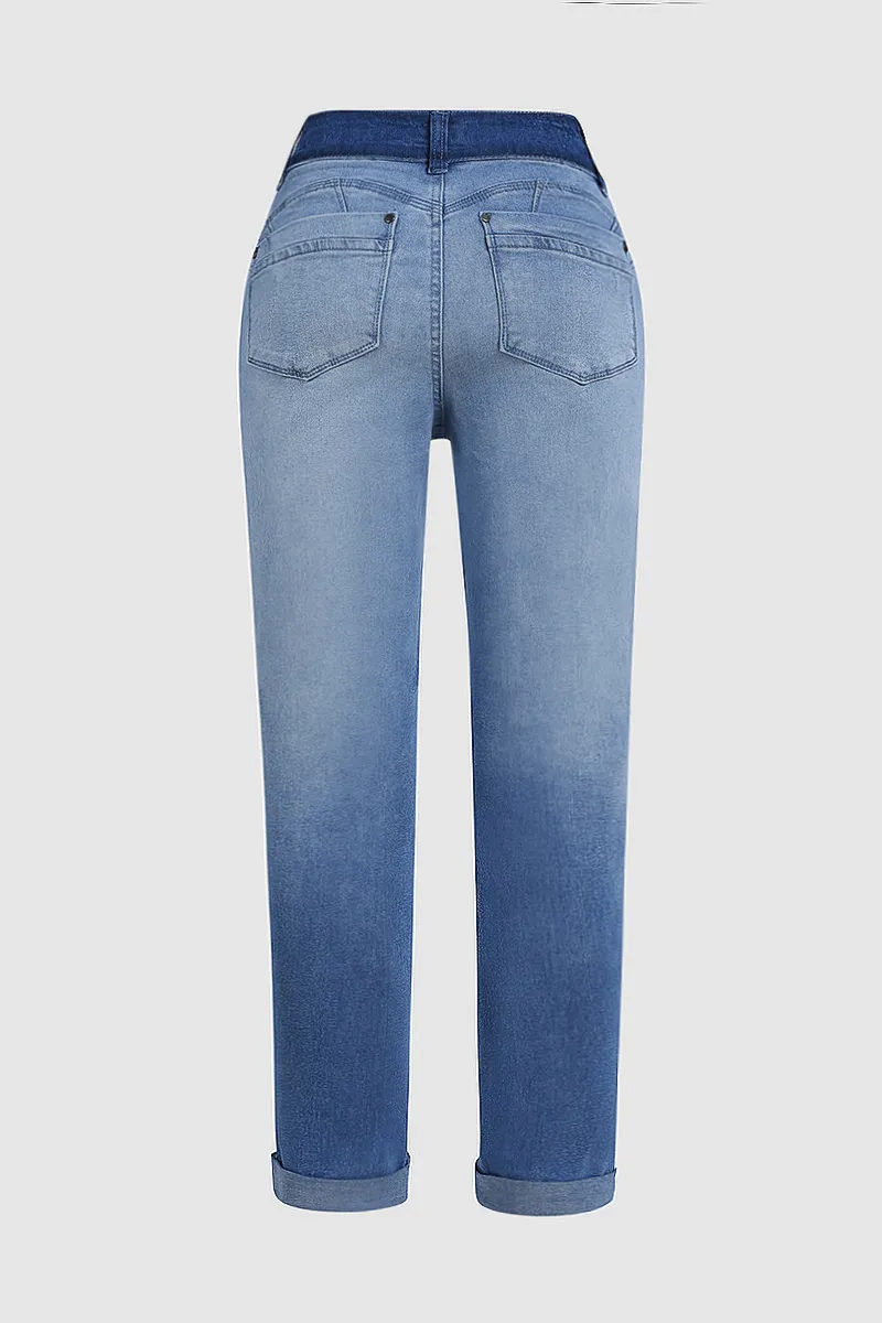 Ripped Button Front Roll Up Hem Jeans
