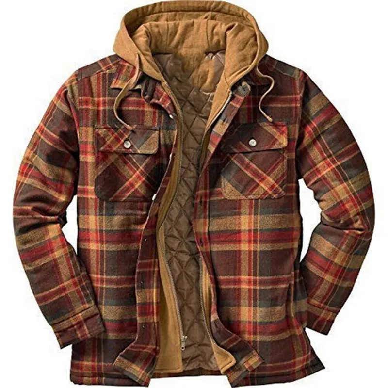 Mens Winter Plaid Thick Casual Hoodie Jacket
